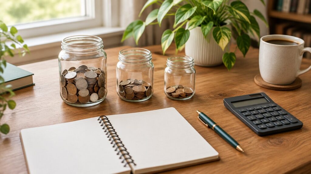 Three glass jars of coins at different fill levels on a wooden desk with a notebook, pen and calculator