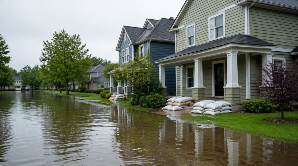 Suburban homes with sandbags stacked by the porch and shallow floodwater across the street and lawns after heavy rain