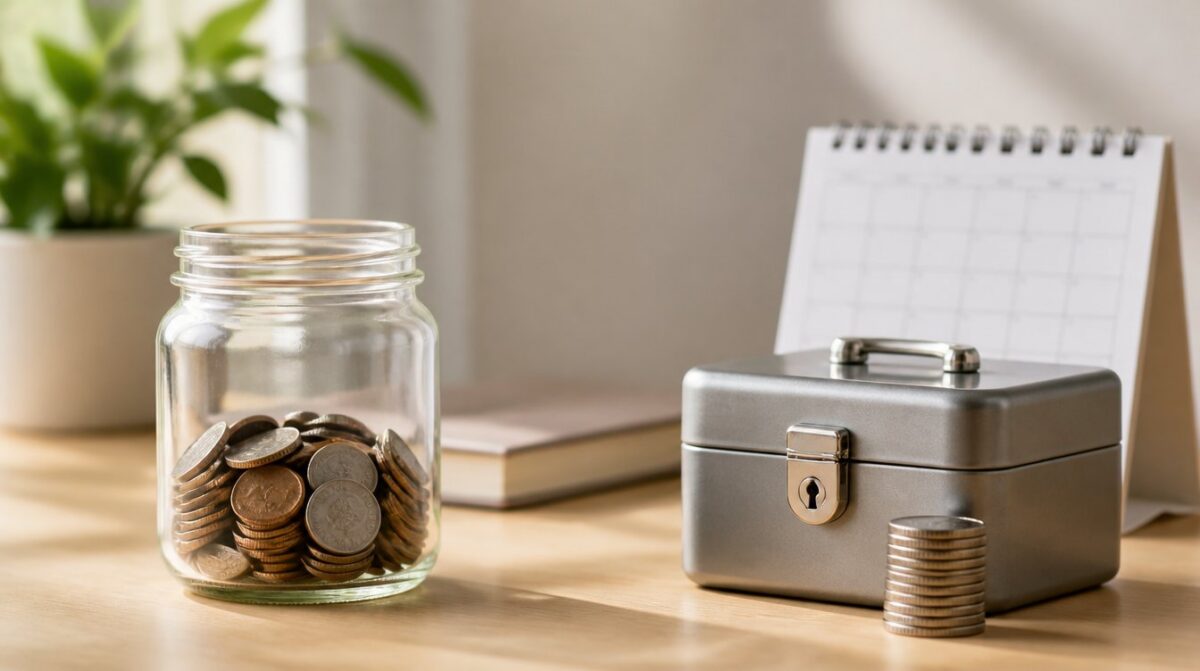 An open glass jar of coins next to a small locked metal cash box, a stack of coins and a desk calendar on a wooden desk