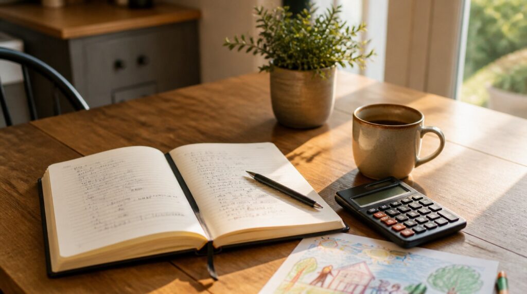 Kitchen table with an open notebook, calculator, coffee mug and a child's drawing