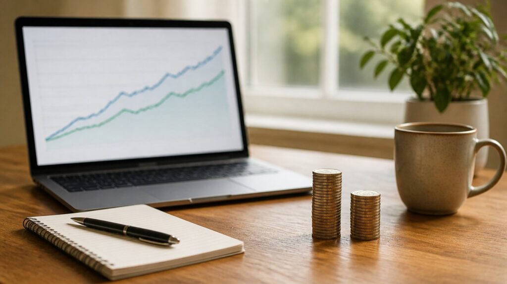 A laptop showing an upward line chart beside a notebook, pen, two stacks of coins and a coffee mug on a wooden desk