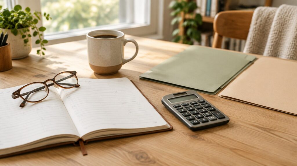 Retirement planning desk with a planner, reading glasses, calculator and two folders in natural window light