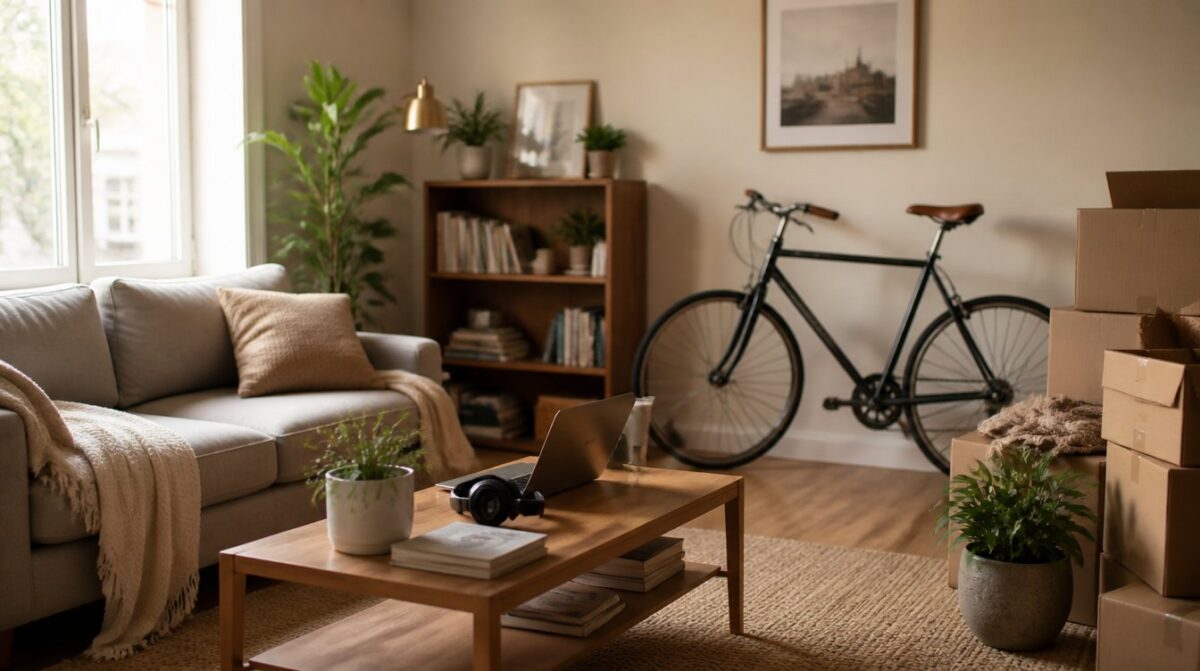 Rental apartment living room with sofa, bicycle and moving boxes