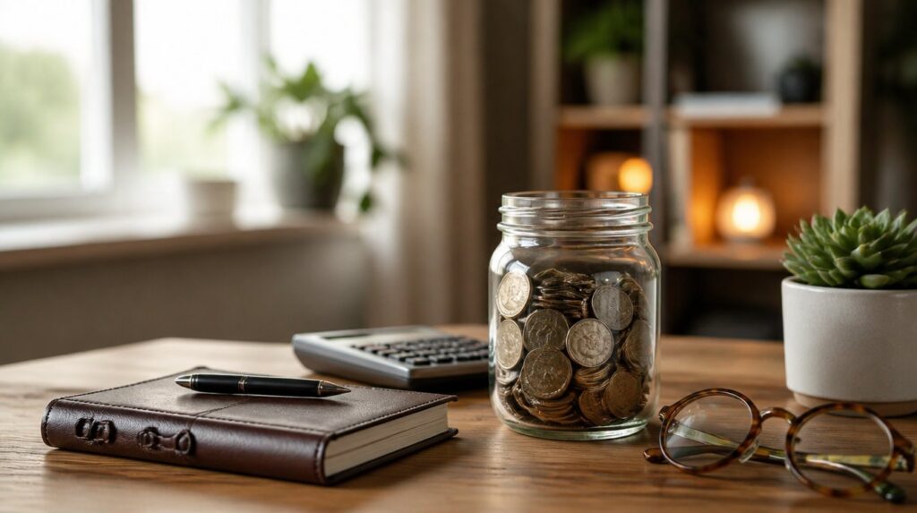 A glass jar of coins beside a leather notebook, pen, calculator, reading glasses and a succulent on a wooden desk