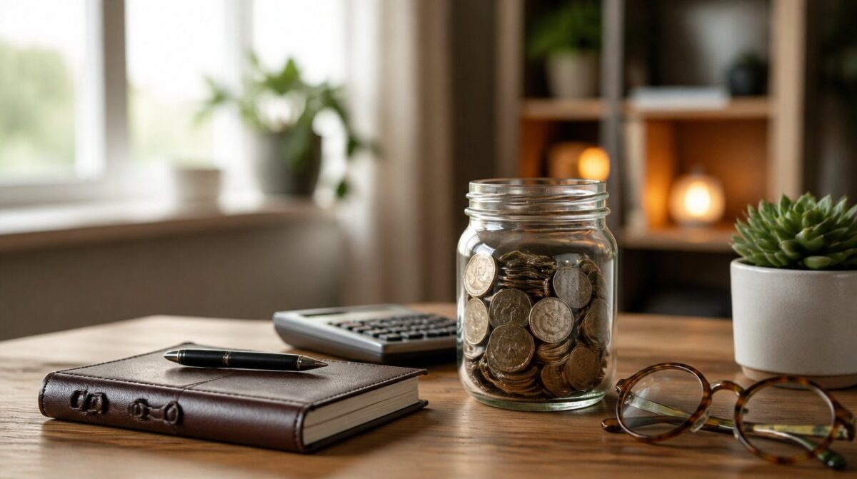A glass jar of coins beside a leather notebook, pen, calculator, reading glasses and a succulent on a wooden desk
