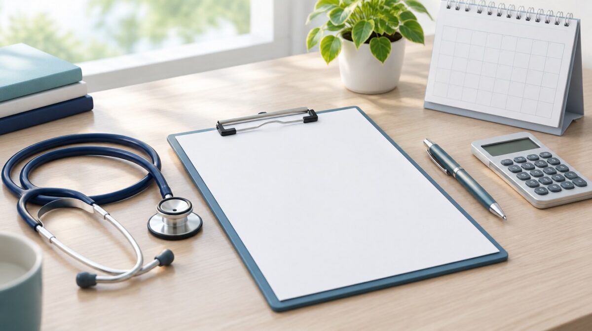 Desk with a blank clipboard, stethoscope, calculator, pen and calendar in soft natural light, suggesting health plan planning.