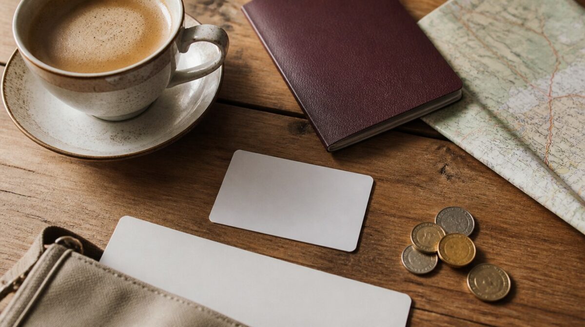 A blank card, passport, folded map, coins and a cup of coffee on a wooden table